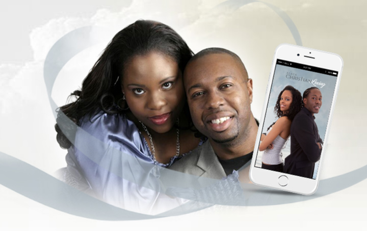 black christian loving couple and smart phone